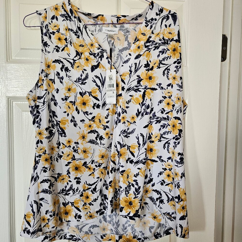 Calvin Klein White Yellow and Blue Floral Shell Sleeveless Shirt in 1X NWT